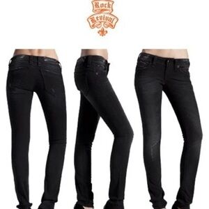 ROCK REVIVAL BLACK AMY SKINNY EMBELLISHED DISTRESSED DENIM POCKETS JEANS SIZE 29